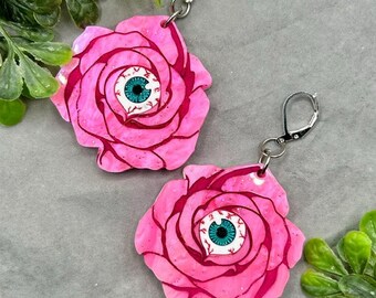 Handmade Laser Cut Creepy Eyeball Rose Earrings