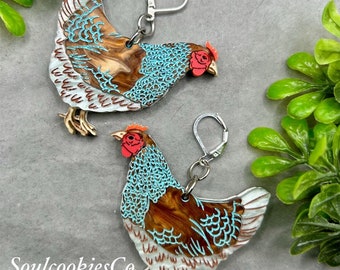 Made to Order Handmade Laser Cut Acrylic Blue Laced Red Wyandotte Chicken Earrings