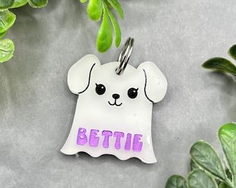 Laser cut Acrylic Ghost Pup Personalized Pet Custom Collar Tag