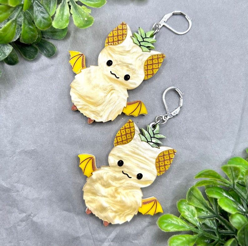 Handmade Laser Cut Pineapple Fruit Bat Earrings image 1