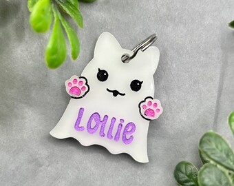 Laser cut Acrylic Glow in the Dark Kitty Ghost Personalized Pet Custom Collar Tag