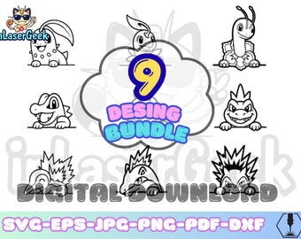 Gen 2 Starters 9 Peekers | Cute Anime Evolutions Bundle | Svg Png Dxf Eps Cdr Pdf Jpg | Cricut Silhouette Laser Engraving Cutting Files