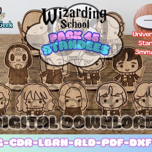 May include: Wooden standees featuring characters from a wizarding school, with the text "Wizarding School PACK 45 STANDEES". The standees are 3mm/0.118" thick and include a "Universal Mini Standees" base. The image also includes the text "DIGITAL DOWNLOAD" and "SVG-CDR-LBAN-ALD-PDF-DXF".