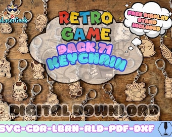 Retro platform Game Keychain Mario pack of 71 laser cut files svg dxf cdr lbrn rld pdf digital download with free display stand bonus set