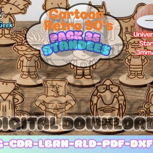 May include: Wooden standees of 90s cartoon characters. The set includes 35 standees, with the text "Cartoon Retro 90's PACK 35 STANDEES" and "DIGITAL DOWNLOAD". The standees are 3mm thick.