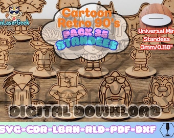 90s cartoon figures pack of 35 laser cut files svg dxf cdr lbrn rld pdf digital download vector bundle with universal base display set
