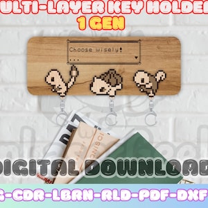 May include: Wooden multi-layer key holder featuring pixelated character designs. The key holder has three keychains and the text "Choose wisely!". The words "DIGITAL DOWNLOAD" and "SVG-CDR-LBRN-RLD-PDF-DXF" are also visible.