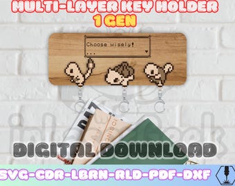 Pixel anime manga Keychain Holder + 3 Keychain svg dxf pdf lbrn cdr rld multilayer laser cut files wall organizer for mdf acrylic