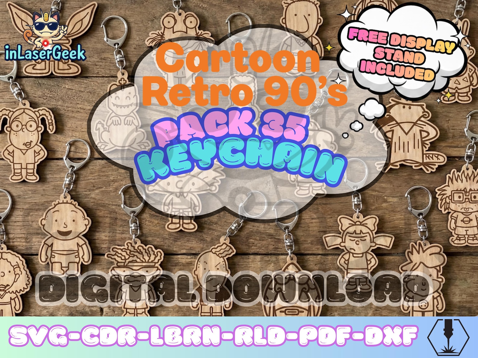 90s Cartoon Keychain Pack of 35 Laser Cut Files Svg Dxf Cdr Lbrn Rld ...