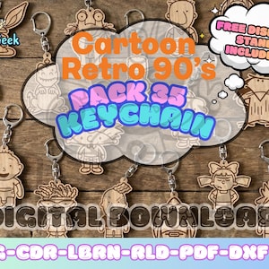 Puede incluir: Llaveros de madera con personajes de dibujos animados de los años 90. Los llaveros están cortados con láser y presentan varios diseños. La imagen incluye el texto "Cartoon Retro 90's PACK 35 KEYCHAIN" y "FREE DISPLAY STAND INCLUDED".