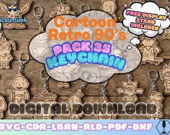 90s cartoon keychain pack of 35 laser cut files svg dxf cdr lbrn rld pdf digital download vector bundle with free display stand bonus set
