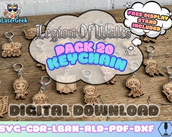 Anime Manga Battle Titan keychain pack of 20 laser cut files svg dxf cdr lbrn rld pdf digital download with free display stand bonus set