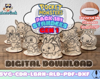 PocketMonsters Laser Cut Files Pack of 151 Figures + Universal Base | svg dxf cdr lbrn rld pdf Digital Download Poke Figures with base