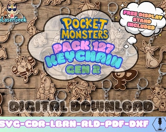 Anime 2nd Gen Pocket Mon keychain pack of 127 laser cut files svg dxf cdr lbrn rld pdf digital download with free display stand bonus set