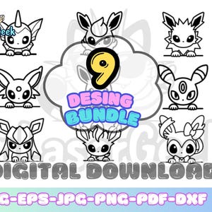Op de afbeelding: Een digitaal downloadpakket met negen zwart-wit lijntekeningen van verschillende wezens die over een lijn kijken. De centrale afbeelding toont het cijfer 9 met de tekst DESING BUNDLE. Bestandsformaten zijn SVG, EPS, JPG, PNG, PDF en DXF.