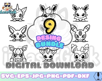 Eevee Evolutions 9 Peekers | Cute Evolution Creatures Bundle | Svg Png Dxf Eps Cdr Pdf Jpg | Cricut Silhouette Laser Engraving Cutting Files