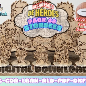 May include: Wooden standees featuring characters from "Academia de Heroes" Pack 43. The set includes several figures with detailed outlines, standing on circular bases. The text "DIGITAL DOWNLOAD" and "SVG-CDR-LBRN-RLD-PDF-DXF" are also visible.