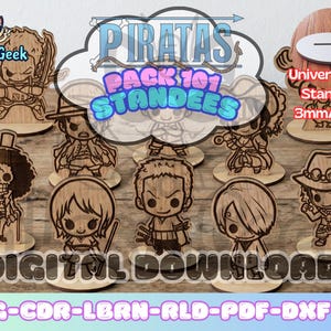 Puede incluir: Colección de figuras de madera de personajes de dibujos animados de la serie "Piratas". Las figuras cortadas con láser incluyen el texto "PIRATAS PACK 101 STANDEES" y "Universal Mini Standees 3mm/0.118". La imagen también incluye el texto "DIGITAL DOWNLOAD" y "SVG-CDR-LBRN-RLD-PDF-DXF".