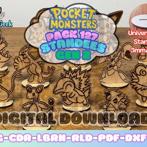 Puede incluir: Figuras de madera de varios personajes Pokémon de la serie "Pocket Monsters". El conjunto incluye múltiples figuras, un letrero que dice "Pocket Monsters Pack 127 Standees Gen 2", y un soporte con "Universal Mini Standees 3mm/0.118".