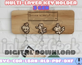 Anime Manga Pixel Poke keychain holder svg dxf pdf lbrn cdr rld multilayer laser cut files wall organizer for mdf acrylic cnc Laser