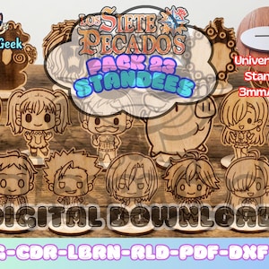 May include: Wooden standees featuring characters from "Los Siete Pecados" (The Seven Deadly Sins) anime series. The set includes various character designs, with the text "PACK 23 STANDDEES" and "DIGITAL DOWNLOAD". The standees are 3mm (0.118") thick.