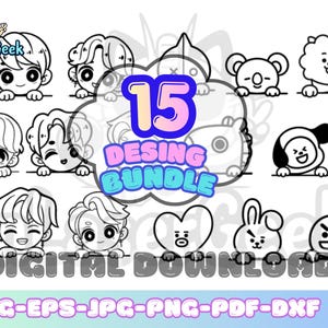 May include: A digital collection of 15 black and white line art illustrations featuring chibi-style characters and cartoon creatures peeking over a ledge. The central text reads 15 DESING BUNDLE, with DIGITAL DOWNLOAD and file formats SVG-EPS-JPG-PNG-PDF-DXF below.