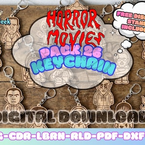 May include: Wooden keychains featuring various horror movie characters, including Frankenstein's monster, Dracula, and others. The keychains are connected to silver-colored key rings. The image also includes the text "HORROR MOVIES PACK 26 KEYCHAIN" and "FREE DISPLAY STAND INCLUDED".