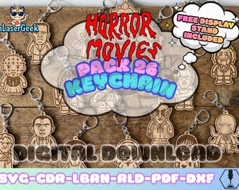 Horror Movie Icon Keychain pack of 26 laser cut files svg dxf cdr lbrn rld pdf digital download with free display stand bonus set cnc laser