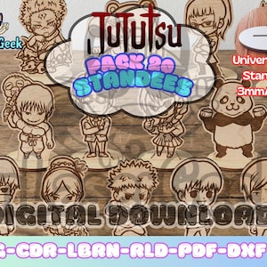 Puede incluir: Figuras de madera de personajes de Jujutsu Kaisen, etiquetadas como "Pack 20 Standees". La imagen muestra varios diseños de personajes, cada uno de aproximadamente 3 mm de grosor, con un soporte mini universal. El texto "Digital Download" también está presente.
