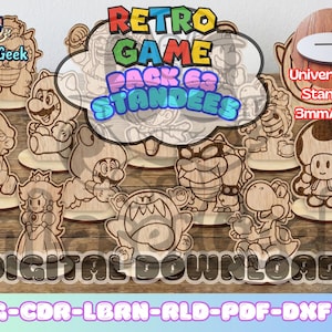 Puede incluir: Figuras de madera de personajes del Retro Game Pack 63, incluyendo a Mario, Luigi y Bowser. Las figuras tienen 3 mm de grosor y están diseñadas como mini figuras universales. La imagen también incluye el texto "DESCARGA DIGITAL".