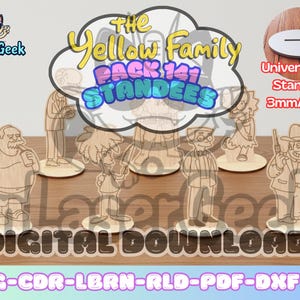 Puede incluir: Figuras de madera de personajes de una popular serie animada. El conjunto incluye varias figuras, cada una sobre una base circular. Se muestra el texto "The Yellow Family Pack 141 Standees". Las figuras tienen 3 mm de grosor.