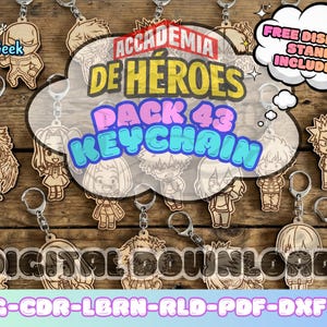 May include: A collection of wooden keychains featuring characters from "Academia de Heroes." The keychains are laser-cut with intricate details and attached to silver key rings. The image includes text that reads "PACK 43 KEYCHAIN" and "FREE DISPLAY STAND INCLUDED."