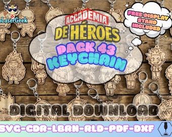 anime manga mha keychain pack of 43 laser cut files svg dxf cdr lbrn rld pdf digital download with free display stand bonus set