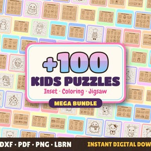 Puede incluir: Un gráfico digital que presenta una etiqueta rectangular blanca central con el texto +100 KIDS PUZZLES Inset - Coloring - Jigsaw MEGA BUNDLE, rodeado por una cuadrícula de pequeños iconos cuadrados que muestran ilustraciones lineales.