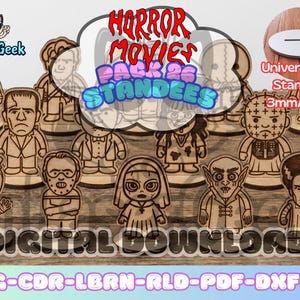 Puede incluir: Figuras de madera de personajes de películas de terror, como Frankenstein y Drácula. El conjunto incluye 12 figuras, con el texto "HORROR MOVIES PACK 26 STANDEES" y "DIGITAL DOWNLOAD". Cada figura tiene aproximadamente 3 mm de grosor.
