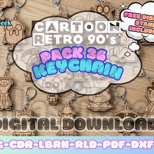 Può includere: Una collezione di 36 portachiavi in legno con personaggi dei cartoni animati degli anni '90. I portachiavi sono tagliati al laser e includono una varietà di disegni. L'immagine include anche il testo "CARTOON RETRO 90's PACK 36 KEYCHAIN" e "DIGITAL DOWNLOAD".