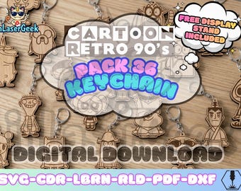 Retro 90's Cartoon action Keychain pack of 36 laser cut files svg dxf cdr lbrn rld pdf digital download vector bundle with free display