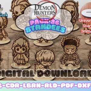 Puede incluir: Figuras de madera con personajes de estilo anime, con el texto "DEMON HUNTERS" y "PACK 36 STANDEES." Las figuras tienen 3 mm de grosor y están disponibles para descarga digital. La imagen también incluye el texto "DIGITAL DOWNLOAD" y "SVG-CDR-LBRN-RLD-PDF-DXF."
