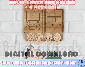 Anime Manga keychain holder svg dxf pdf lbrn cdr rld multilayer laser cut wall organizer + 4 keychains digital download files bundle 1 GEN
