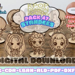 May include: Wooden standees featuring cartoon characters, with the text "PACK 47 STANDEES" and "DIGITAL DOWNLOAD". The standees are 3mm (0.118 inches) thick and are designed with a universal mini standee base.