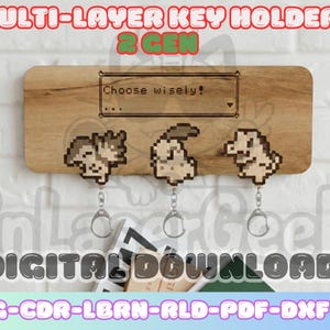 May include: Wooden multi-layer key holder with three pixelated character keychains. The key holder has the text "Choose wisely!" and "2 GEN". The keychains are attached with silver key rings. The text "DIGITAL DOWNLOAD" is also visible.