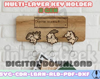 Anime Manga keychain holder 2 Gen Poke Pixel svg dxf pdf lbrn cdr rld multilayer laser cut files wall organizer for mdf acrylic Lasee Cnc