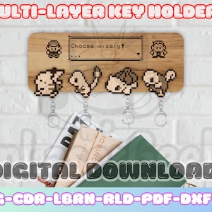 Puede incluir: Un llavero de madera multicapa con diseños de personajes pixelados y el texto "Choose wisely!". El llavero incluye cuatro llaveros con diseños de personajes pixelados. También se ven las palabras "DIGITAL DOWNLOAD".