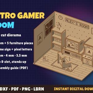 Retro Gamer Room Diorama SVG, Laser Cut Miniature Room, Arcade TV Game Shelf, Name Sign, 3mm 4mm 5.5mm, Glowforge xTool