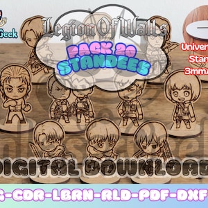 May include: Wooden standees featuring characters from "Legion of Walls" Pack 20. The standees are laser-cut with detailed character designs. The image includes the text "Universal Mini Standees 3mm/0.118" and "DIGITAL DOWNLOAD".