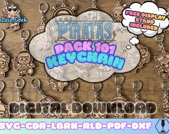 Anime manga Pirates keychain pack of 101 laser cut files svg dxf cdr lbrn rld pdf digital download with free display stand bonus set