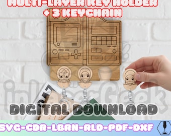 Anime Manga keychain holder svg dxf pdf lbrn cdr rld multilayer laser cut wall organizer + 3 keychains digital download files bundle 1 GEN