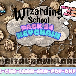 Magic Wizard Keychain Pack of 54 laser cut files svg dxf cdr lbrn rld pdf digital download with free display stand bonus set vector