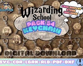 Magic Wizard Keychain Pack of 54 laser cut files svg dxf cdr lbrn rld pdf digital download with free display stand bonus set vector