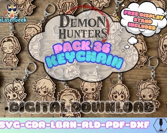 Anime manga Demon Hunter keychain pack of 36 laser cut files svg dxf cdr lbrn rld pdf digital download with free display stand bonus set